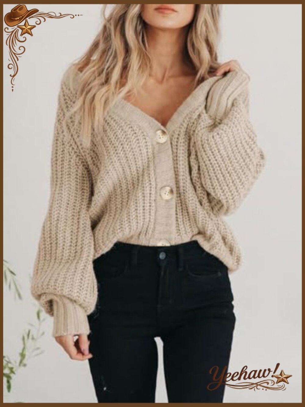 Chunky Knit Open Front Cardigan Long Sleeve Button Loose Short Sweater Coat - Picture 6 of 7
